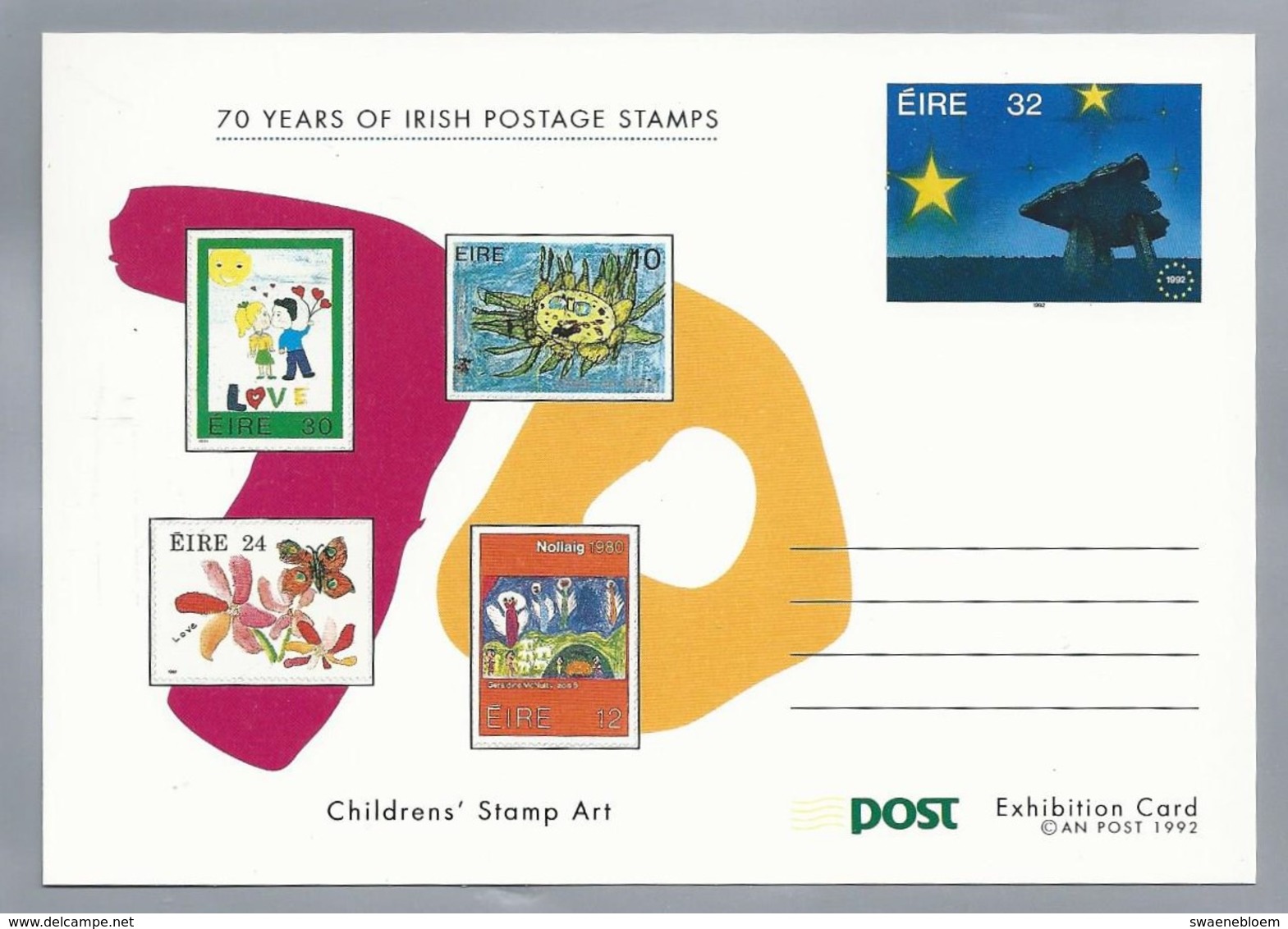 IE.- 70 Years Of Irish Postage Stamps. 4 X Post Exhibition Card. Children's Stamp Art. Single European Market. 1 St Defi - Entiers Postaux