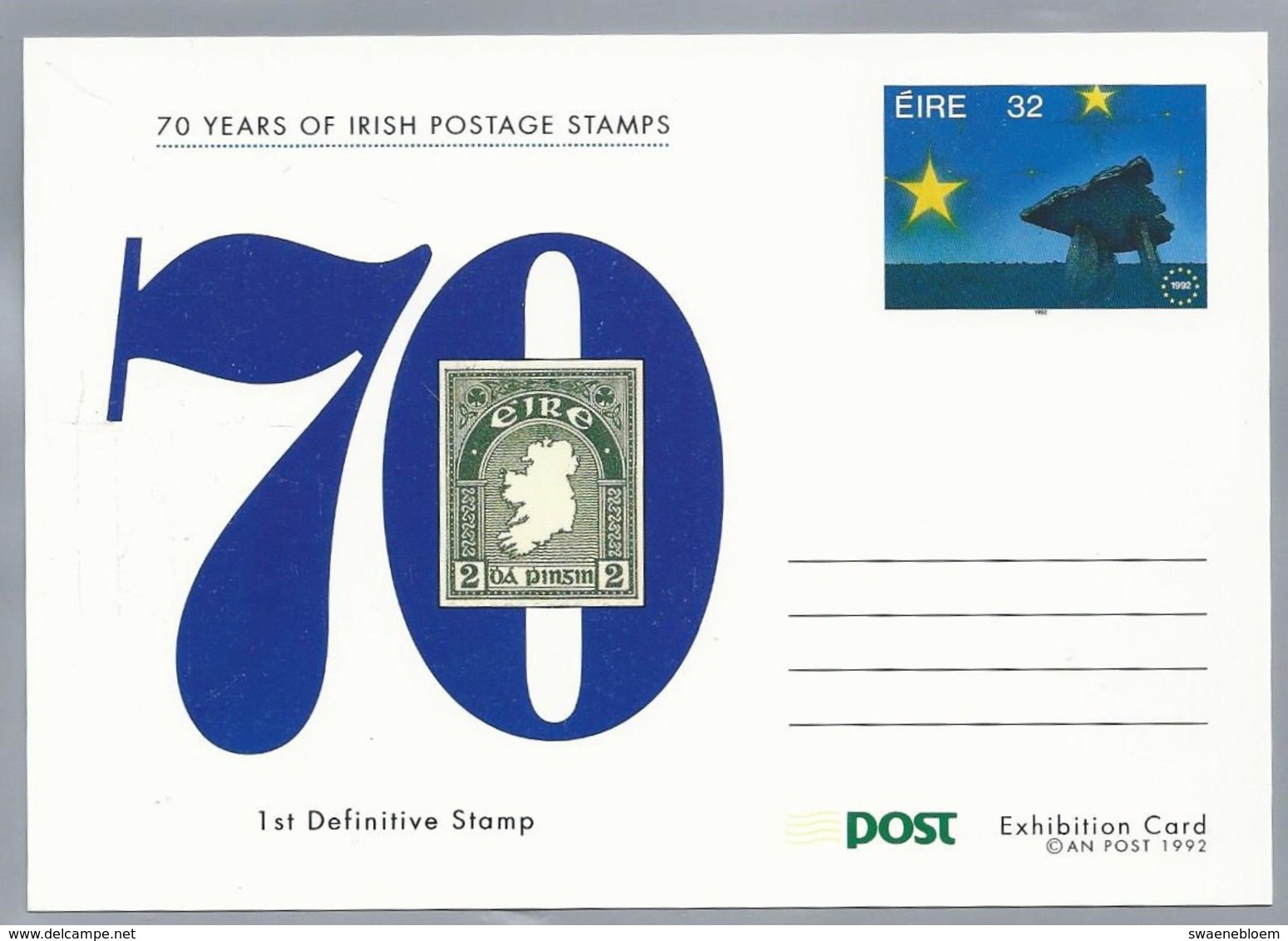 IE.- 70 Years Of Irish Postage Stamps. 4 X Post Exhibition Card. Children's Stamp Art. Single European Market. 1 St Defi - Interi Postali