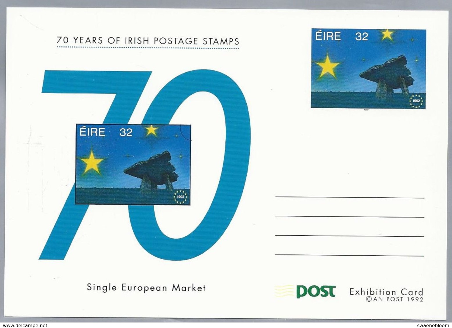 IE.- 70 Years Of Irish Postage Stamps. 4 X Post Exhibition Card. Children's Stamp Art. Single European Market. 1 St Defi - Ganzsachen