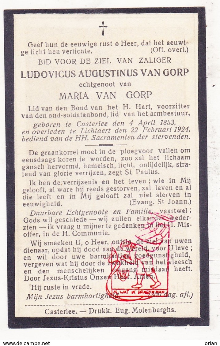 DP Ludovicus A. Van Gorp ° Kasterlee 1853 † Lichtaart 1924 X M. Van Gorp - Imágenes Religiosas