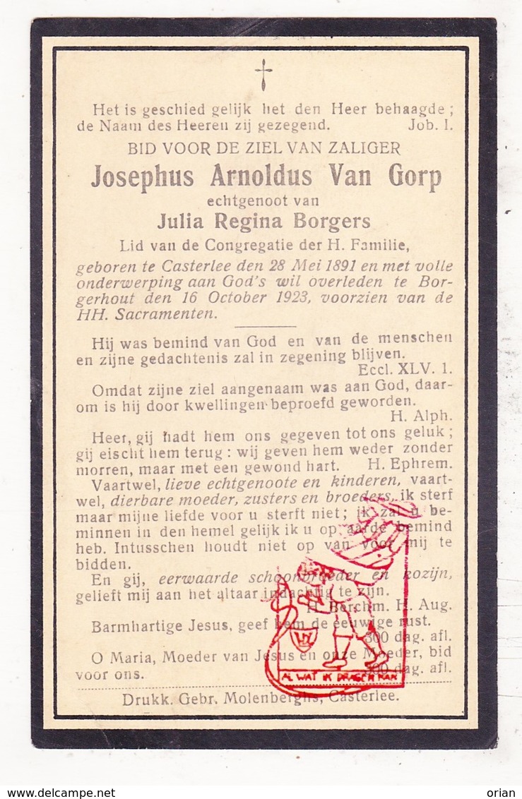 DP Josephus A. Van Gorp ° Kasterlee 1891 † Borgerhout 1923 X Julia R. Borgers - Devotieprenten