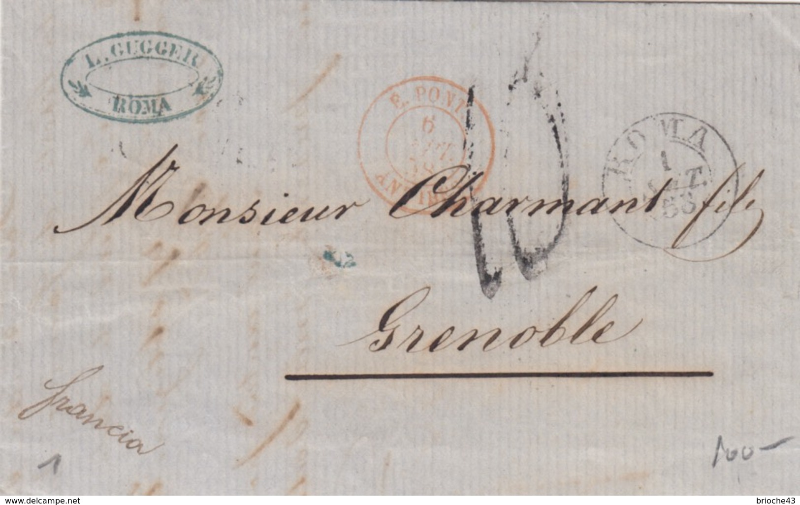 LETTRE ITALIE-L.GUGGER ROMA 1.9.1858 POUR GRENOBLE  -TAXE PLUME 10 - ENTREE ROUGE E.PONT. ANTIBES / 6174 - 1801-1848: Vorläufer XIX