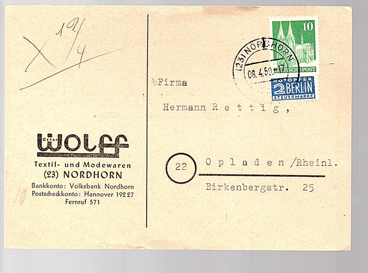 Oskar Wolff Textil Mode Nordhorn > Hermann Retting Opladen: Futterbatist (397) - Lettres & Documents