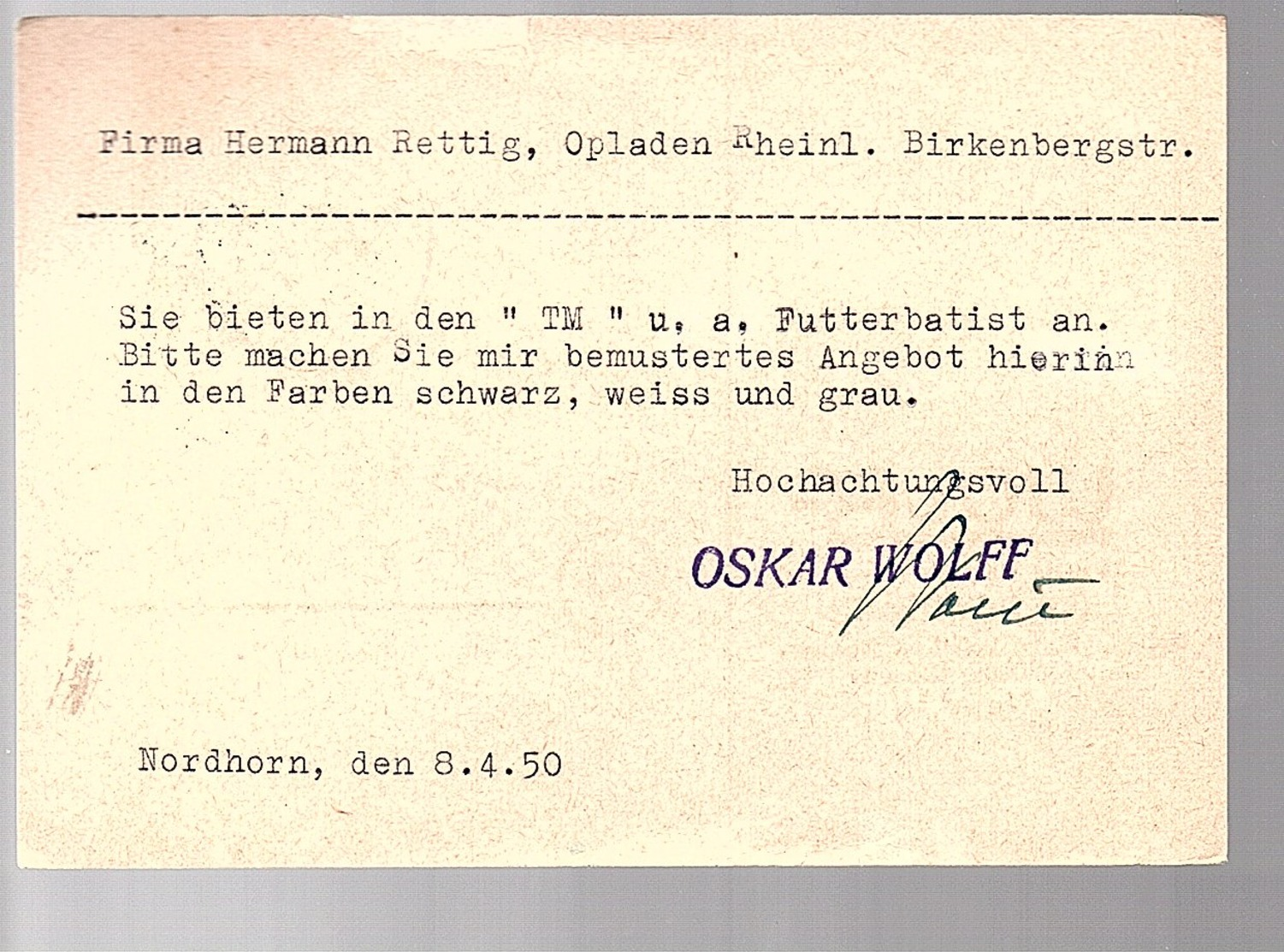 Oskar Wolff Textil Mode Nordhorn > Hermann Retting Opladen: Futterbatist (397) - Lettres & Documents