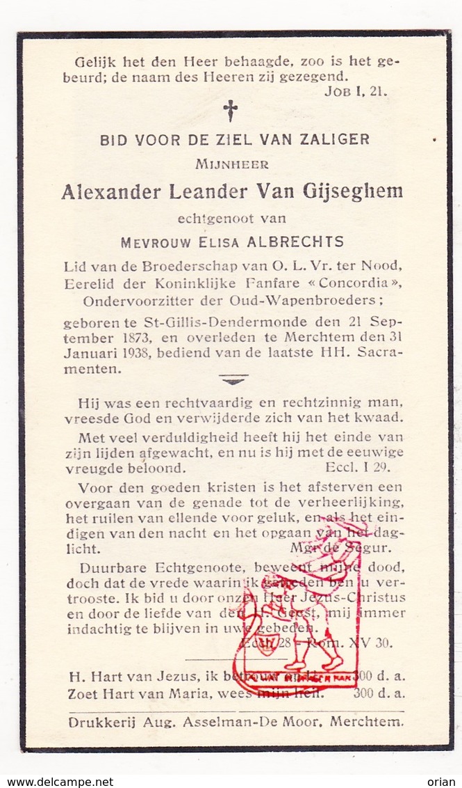 DP Alexander L. Van Gijseghem ° Sint-Gillis-bij-Dendermonde 1873 † Merchtem 1938 X E. Albrechts / Fanfare Concordia - Devotieprenten
