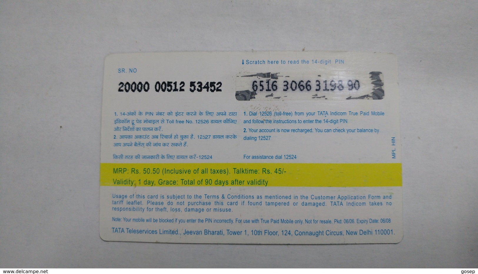 India-top Up-tata Indicom Card-(38l)-(rs.45)-(new Delhi)-(6/2008)-used Card+1 Card Prepiad Free - Inde