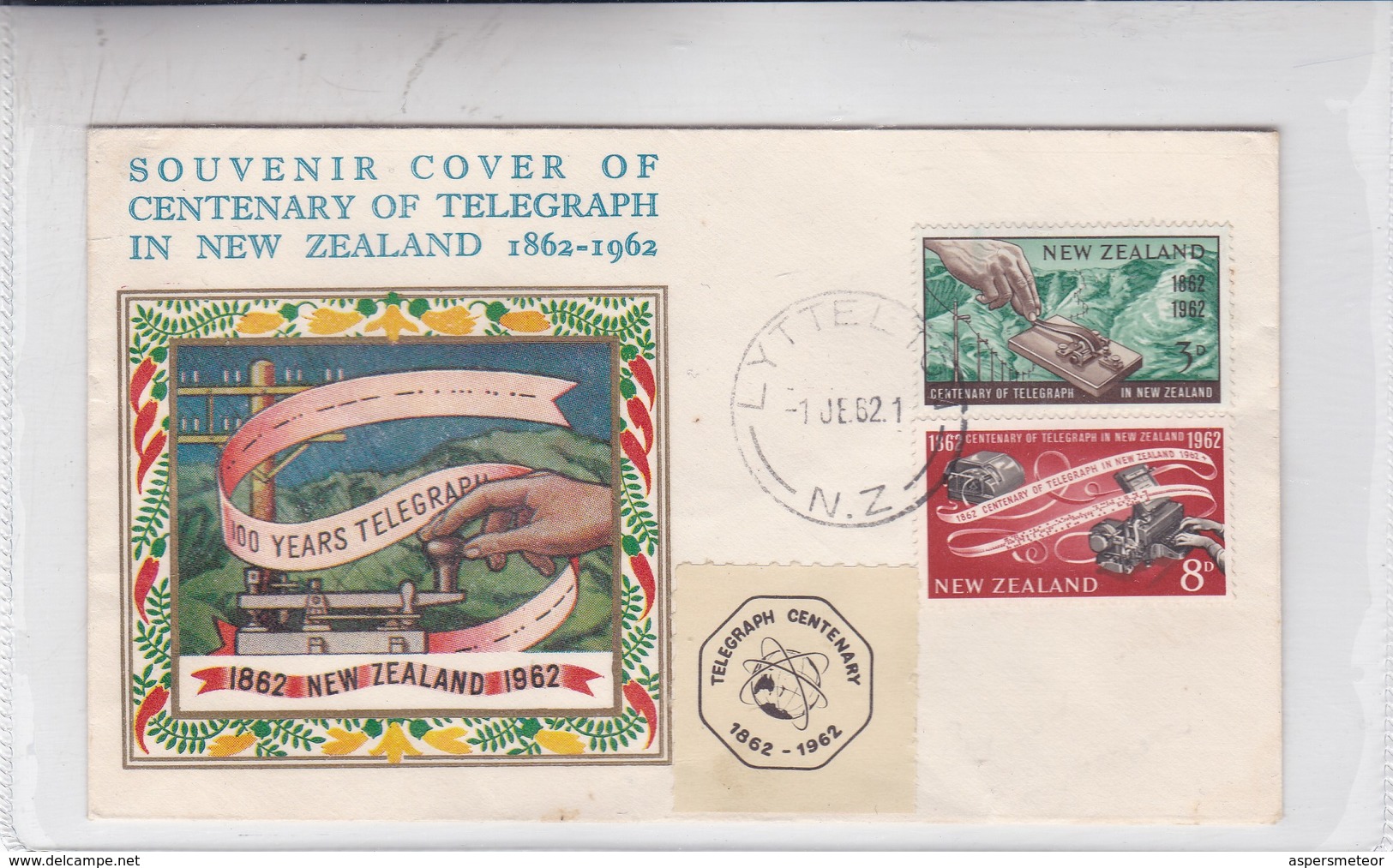 SOUVENIR COVER OF CENTENARY OF TELEGRAPH IN NEW ZELAND, SPECIAL COVER 1962; 2 COLOR STAMPS- BLEUP - Lettres & Documents