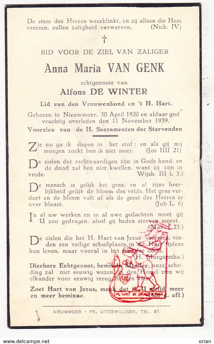 DP Anna M. Van Genk ° Nieuwmoer Kalmthout 1920 † 1939 X Alf. De Winter - Devotieprenten