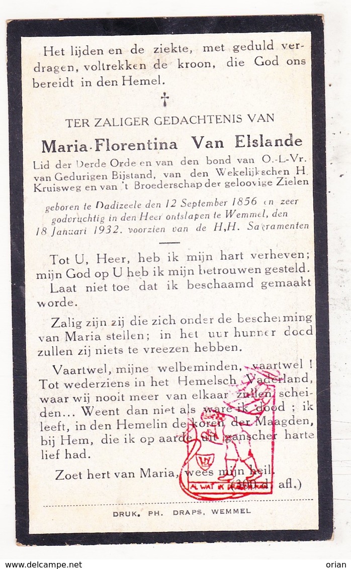 DP Maria F. Van Elslande ° Dadizele Moorslede 1856 † Wemmel 1932 - Devotieprenten