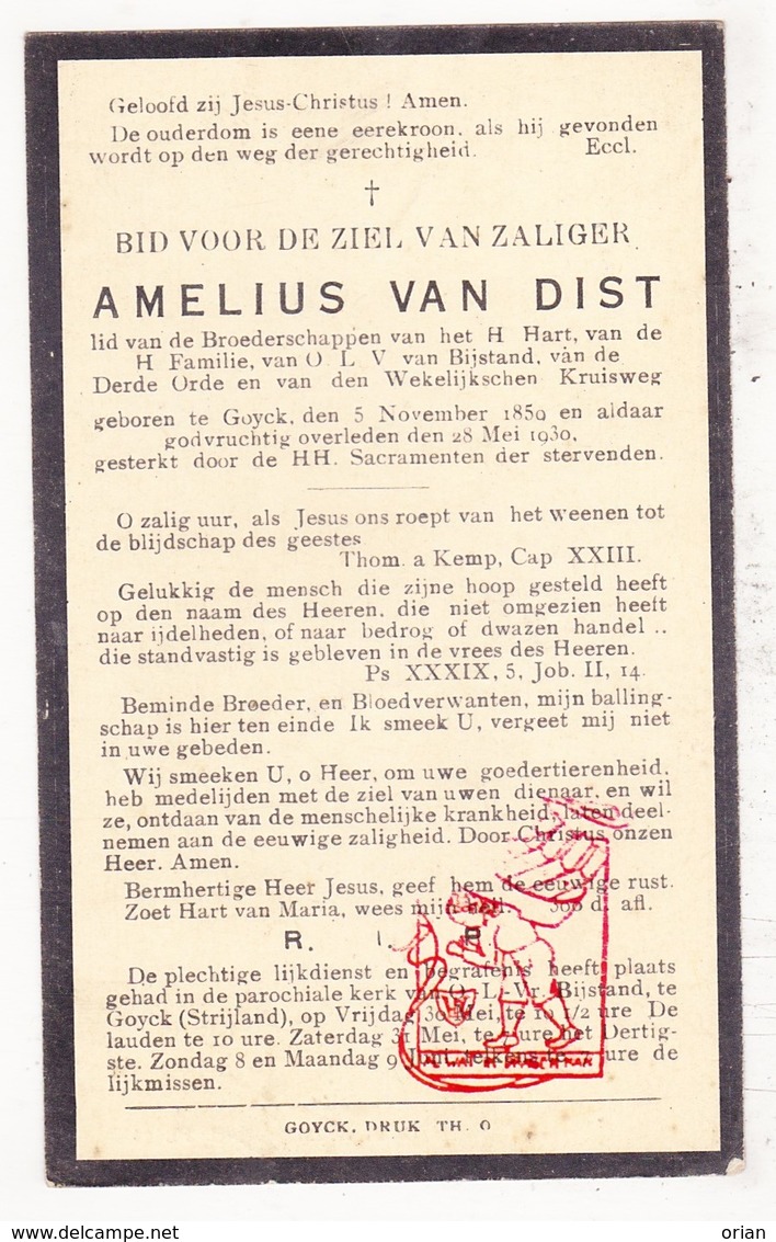 DP Amelius Van Dist ° Gooik 1859 † 1930 / Begr. Strijland - Devotieprenten