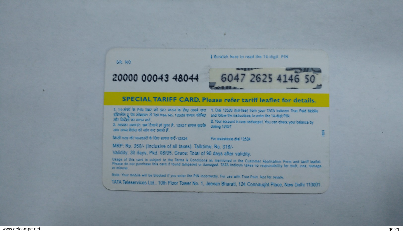 India-top Up-tata Indicom Card-(38s)-(rs.318)-(new Delhi)-(90day After)-used Card+1 Card Prepiad Free - India