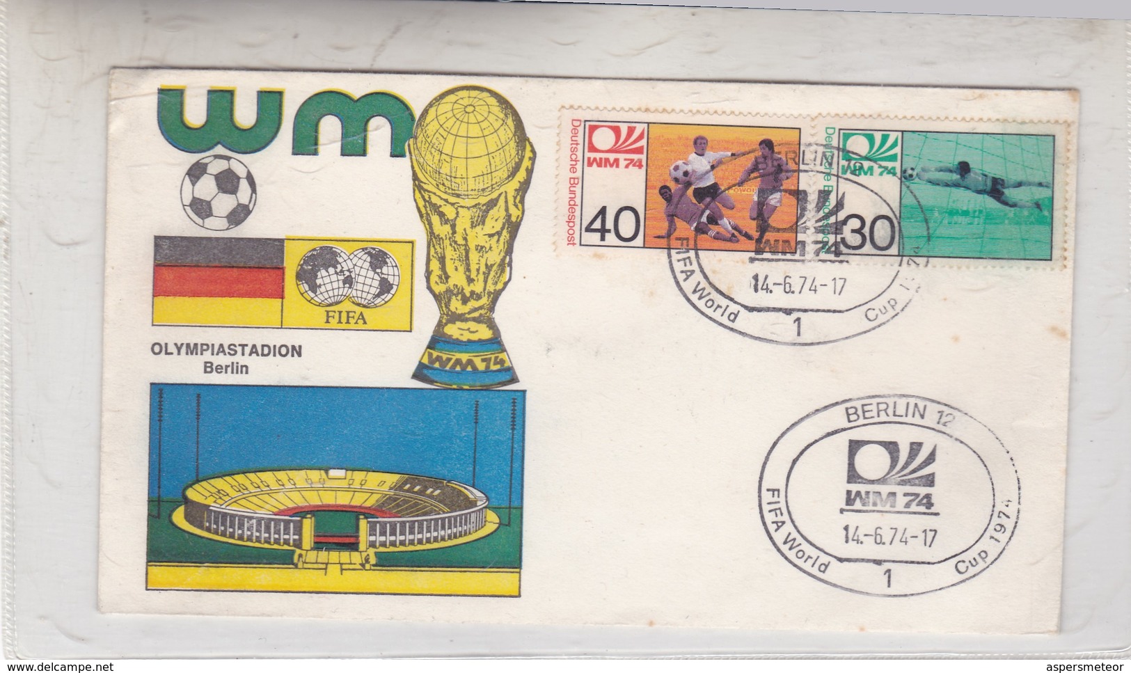 OLYMPIASTADION, BERLIN WM FIFA WORLD CUP. FDC 1974 BERLIN, GERMANY. 2 COLOR STAMPS- BLEUP - 1974 – Germania Ovest