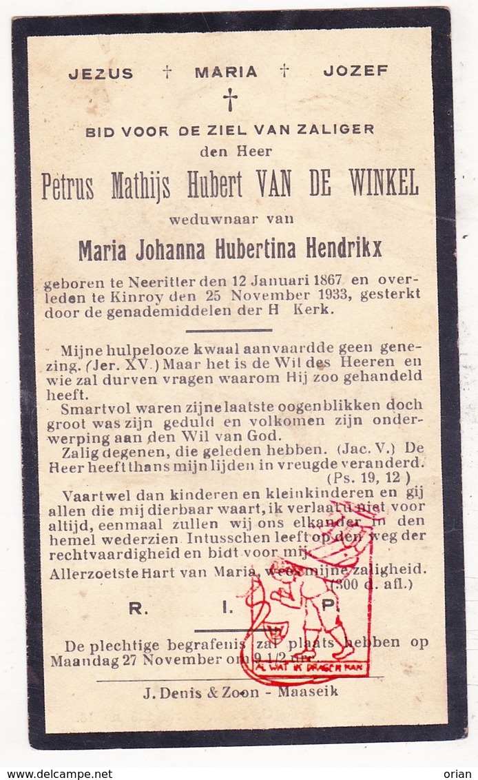 DP Petrus M. Van De Winkel ° Neeritter Leudal NL Limb. 1867 † Kinrooi BE 1933 X M. Hendrikx - Devotieprenten
