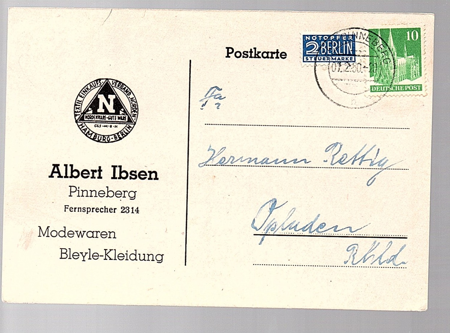 Textil Albert Ibsen Pinneberg Modewaren Bleyle-Kleidung > Hermann Retting Opladen (416) - Lettres & Documents