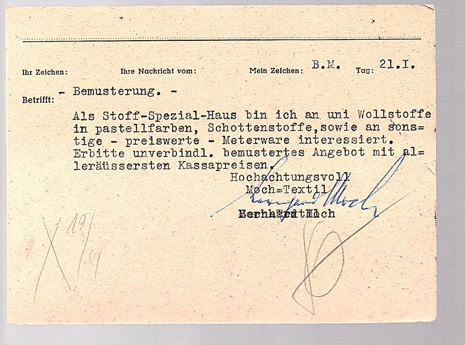 Textil Moch- Bernhard & Henny Moch Brül Bezirk Köln > Hermann Retting Opladen: 418) - Lettres & Documents