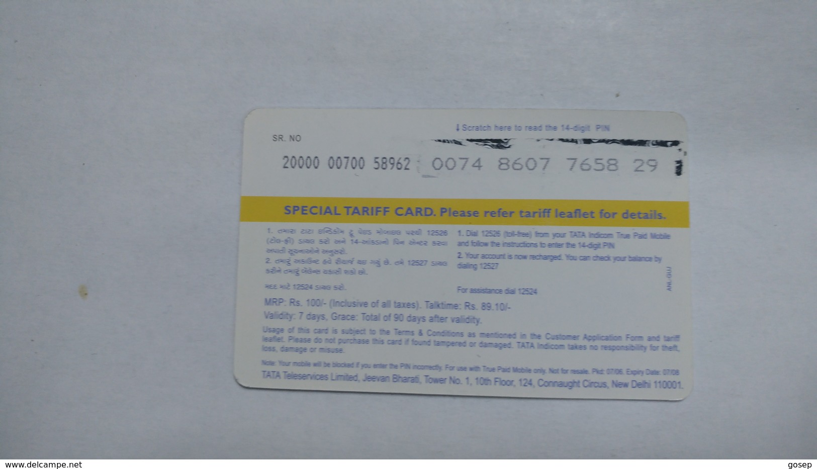 India-top Up-tata Indicom Card-(39b)-(rs.100-talktime Rs.89.10)-(new Delhi)-(90day After)-used Card+1 Card Prepiad Free - Inde