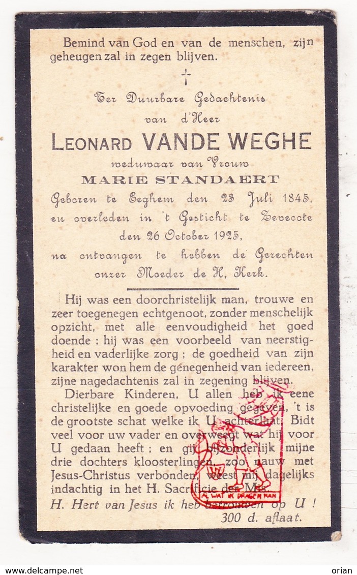 DP Leonard Vande Weghe ° Egem Pittem 1845 † Gesticht Zevekote Gistel 1925 X M. Standaert - Devotieprenten