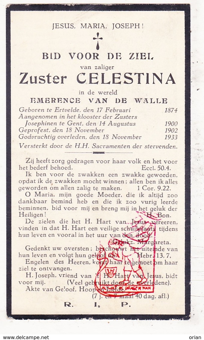 DP Emerence Van De Walle - Zr. Celestina ° Ertvelde Evergem 1874 † Klooster Josephinen Gent 1933 - Devotieprenten