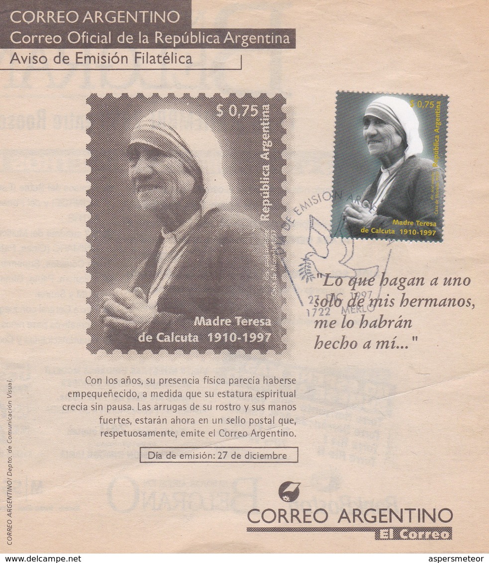 MADRE TERESA DE CALCUTA. FDC OBLITEREE 1997 MERLO. AVISO DE EMISION FILATELICA DIARIO NEWSPAPER- BLEUP - Famous Ladies