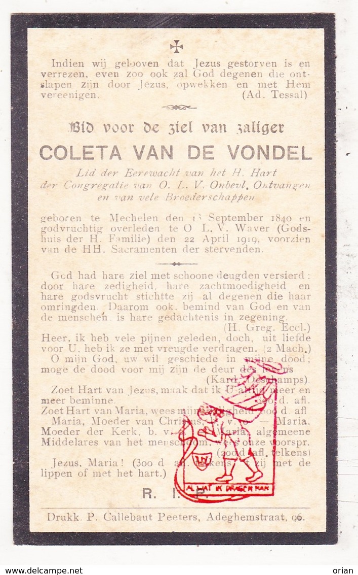 DP Coleta Van De Vondel ° Mechelen 1840 † Godshuis OLV Waver Sint-Katelijne-Waver 1919 - Devotieprenten