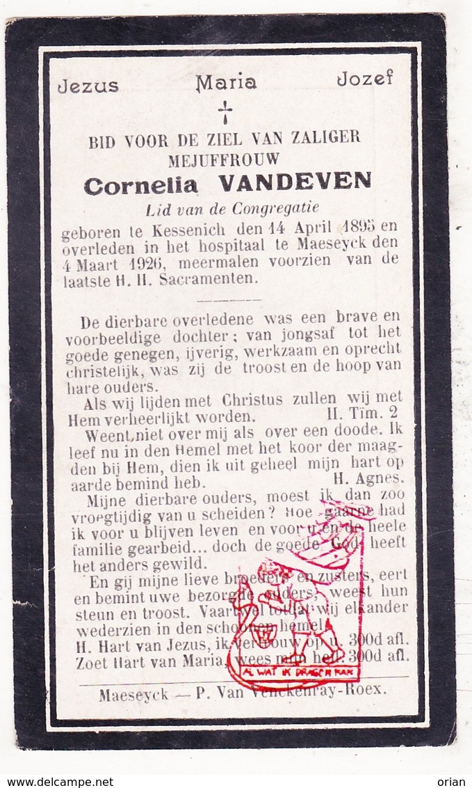 DP Cornelia Vandeven ° Kessenich Kinrooi 1895 † Maaseik 1926 - Devotieprenten