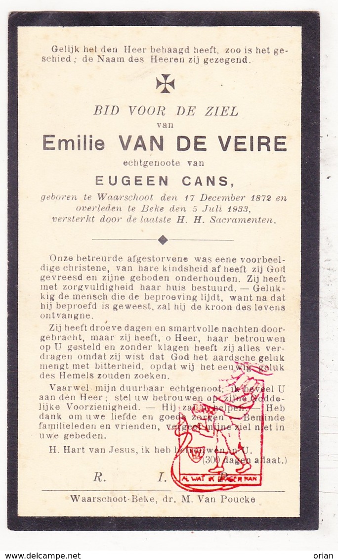 DP Emilie Van De Veire ° Waarschoot 1872 † Beke 1933 X Eugeen Cans / Zomergem - Devotieprenten