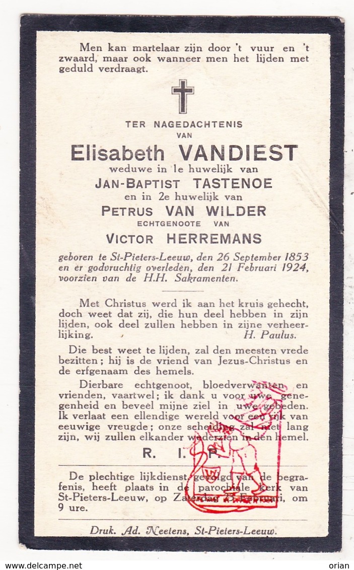 DP Elisabeth VanDiest ° Sint-Pieters-Leeuw 1853 † 1924 X JB. Tastenoe Xx P. Van Wilder Xxx V. Herremans - Devotieprenten