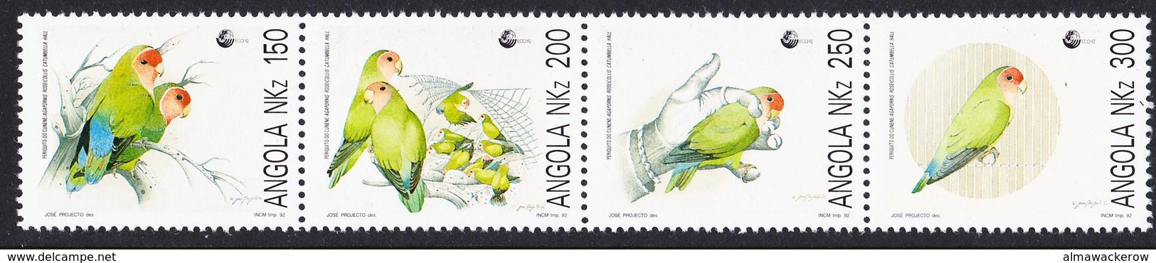 2018-0104 Angola 1992 Agapornis Roseicollis Complete Strip Of 4 Mi 891-894 MNH ** - Papageien