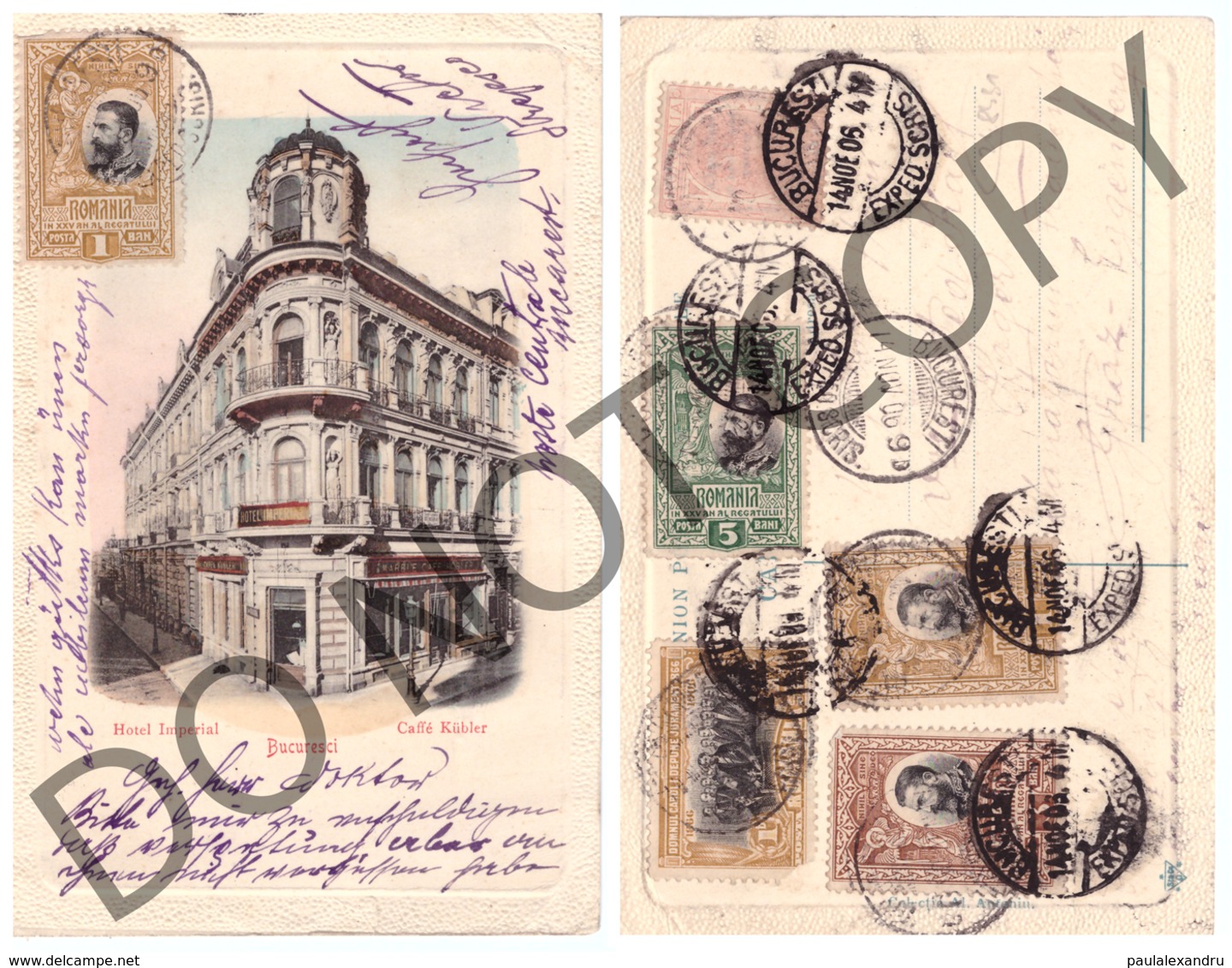 Romania Bucuresti Bucuresci Hotel Imperial Cafe Kubler RARE Color Embosata Reliefata Nice Franking Stamps Regale Royal - Roumanie