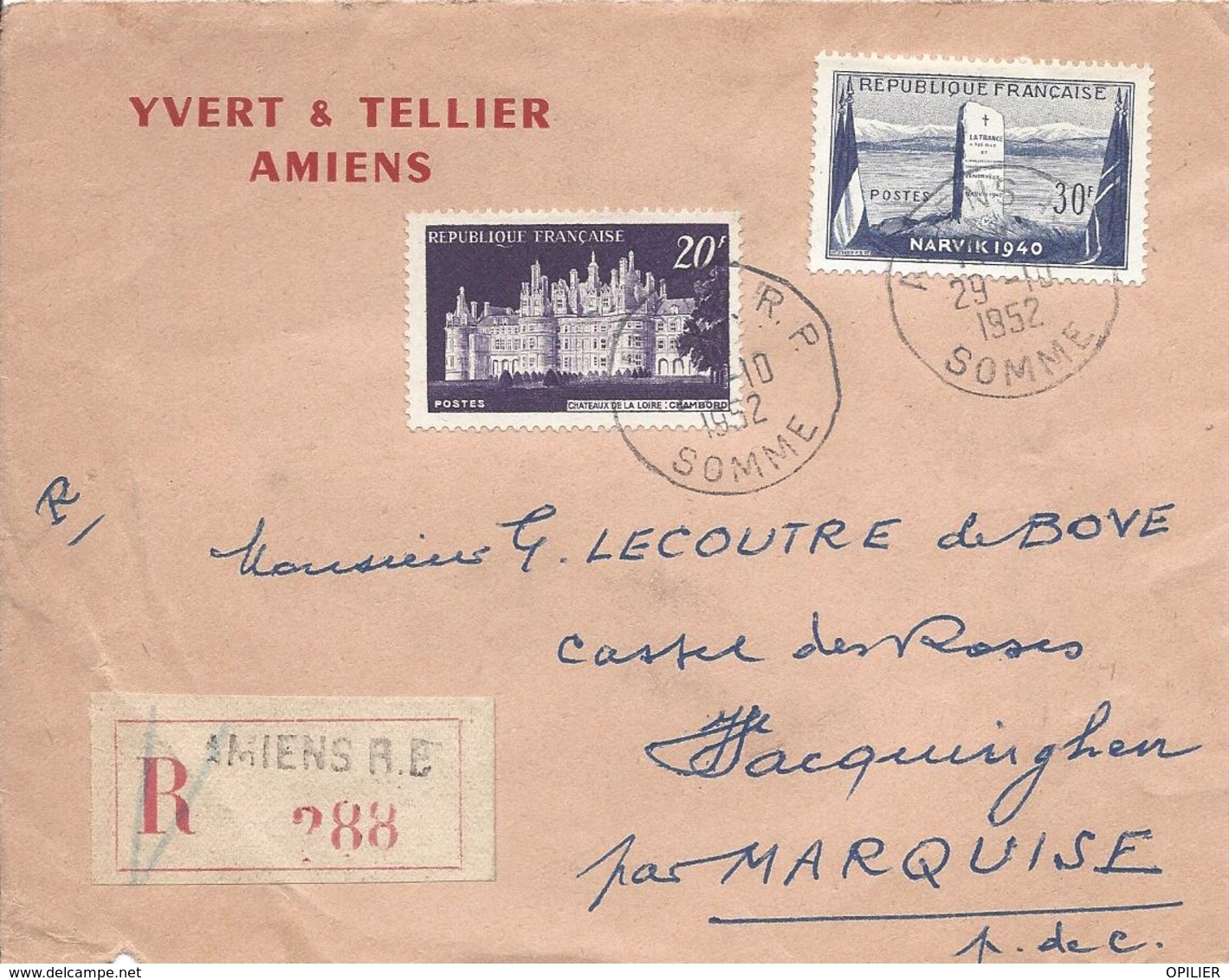 AMIENS RP 29 10 1952 RECOMMANDE Chambord N° 924 + Narvik N° 933 Tarif 50F   DEVANT SEUL - Briefe U. Dokumente