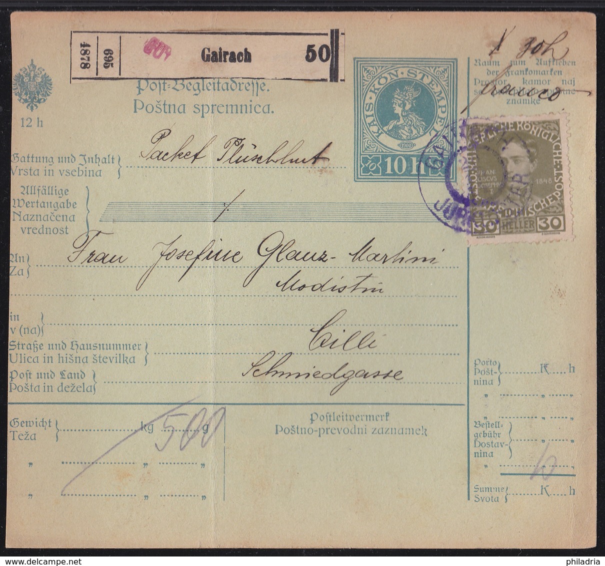 Gairach - Jurklošter, Parcel Card (vertical Crease), Franked With 30 Hel, Some Short Perfs, 1914 - Covers & Documents