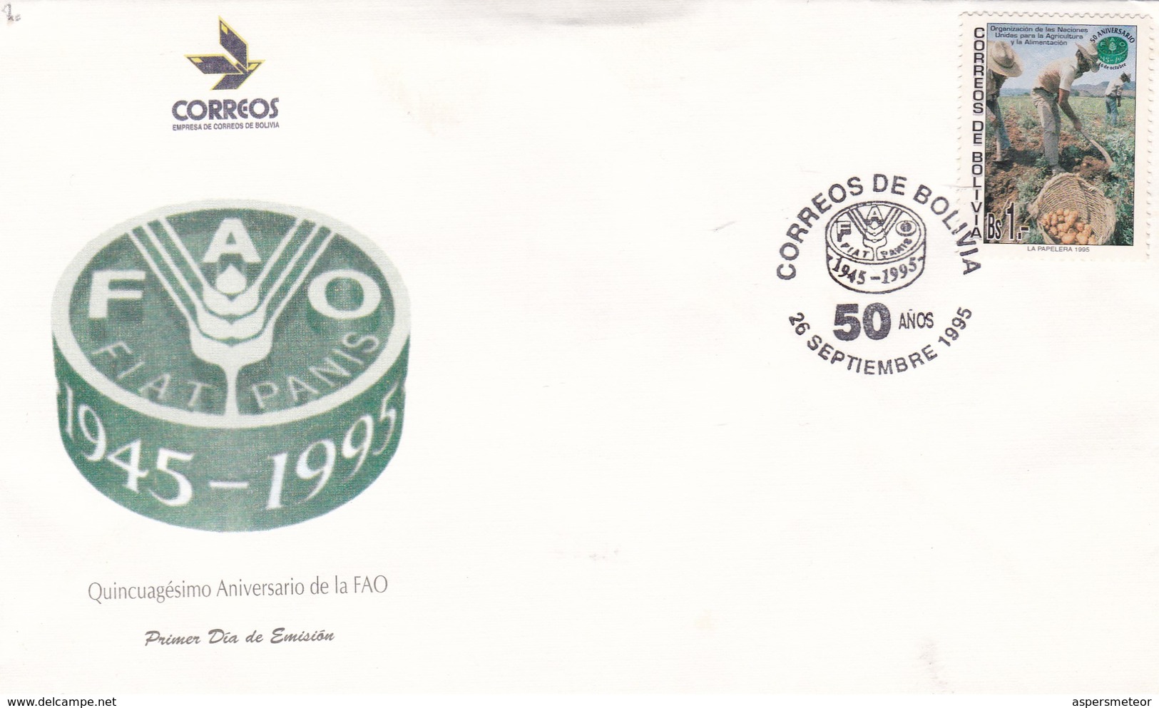 QUINCUAGESIMO ANIVERSARIO DE LA FAO. FDC 1995 BOLIVIA - BLEUP - Bolivië