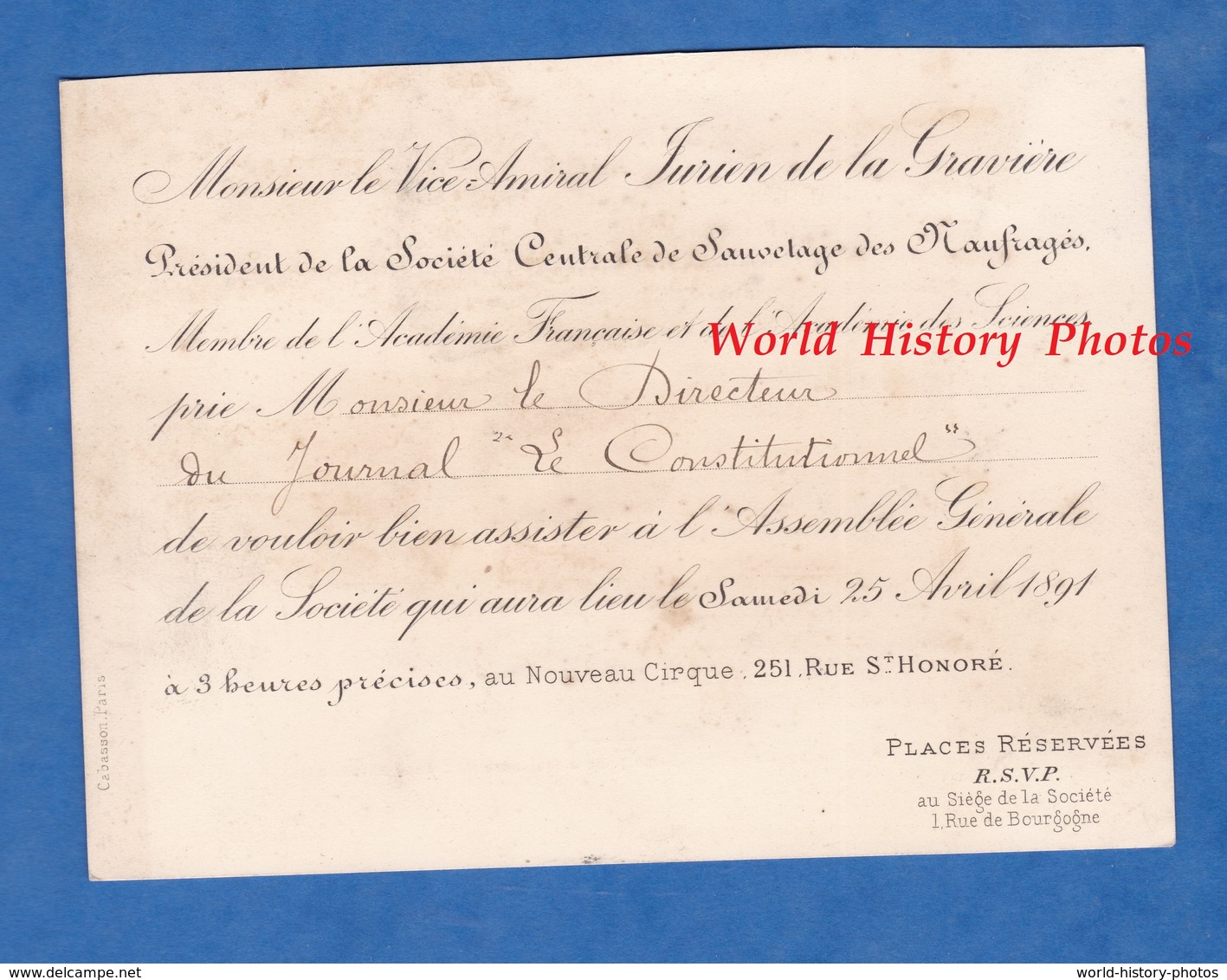 Carton D'invitation De 1891 - PARIS - Société Centrale De Sauvetage Des Naufragés - Vice Amiral JURIEN De La GRAVIERE - Documents Historiques