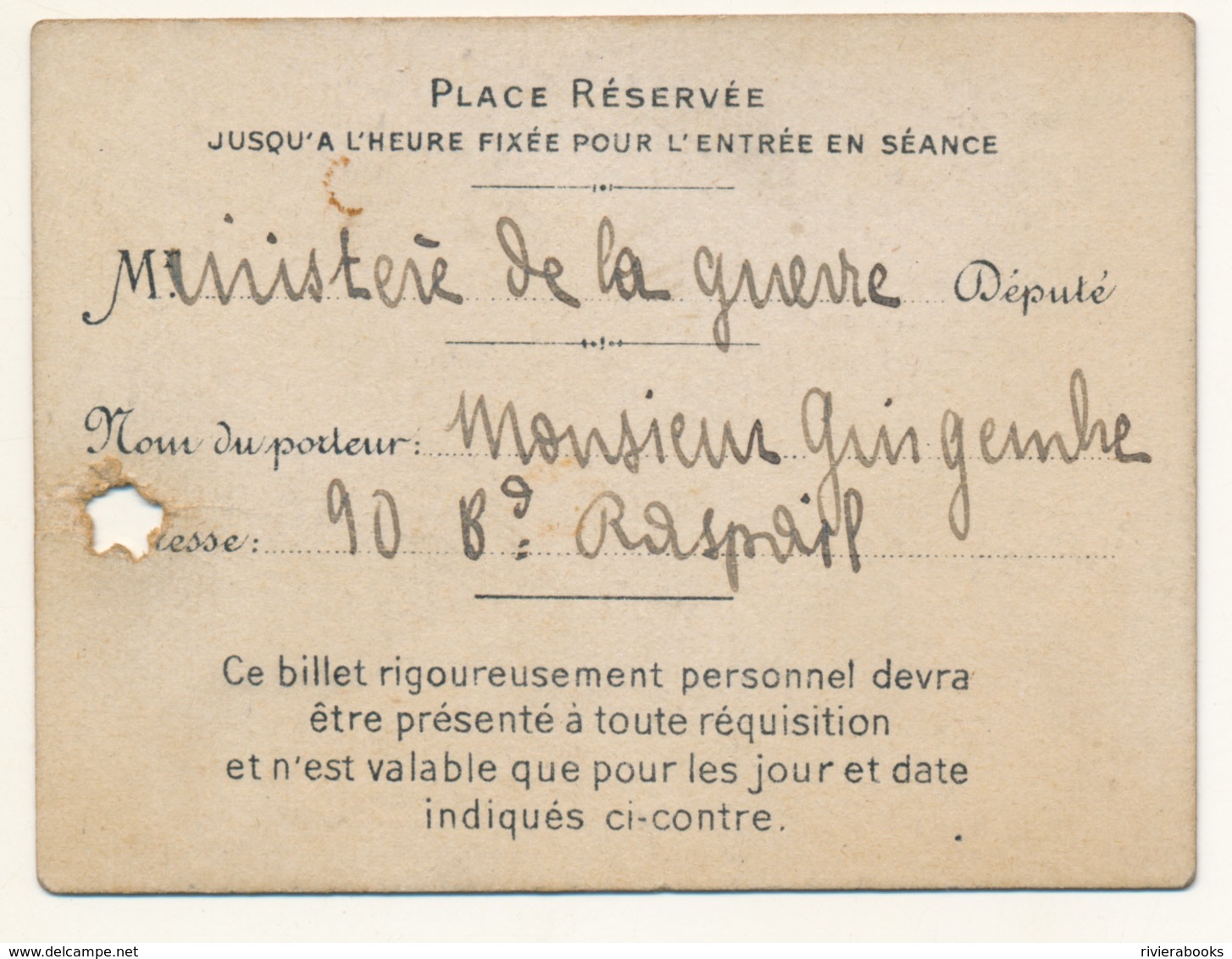 M35 - Chambre Des Députés - Billet D'entrée Nominatif 24 Janvier 1919 - Documents Historiques