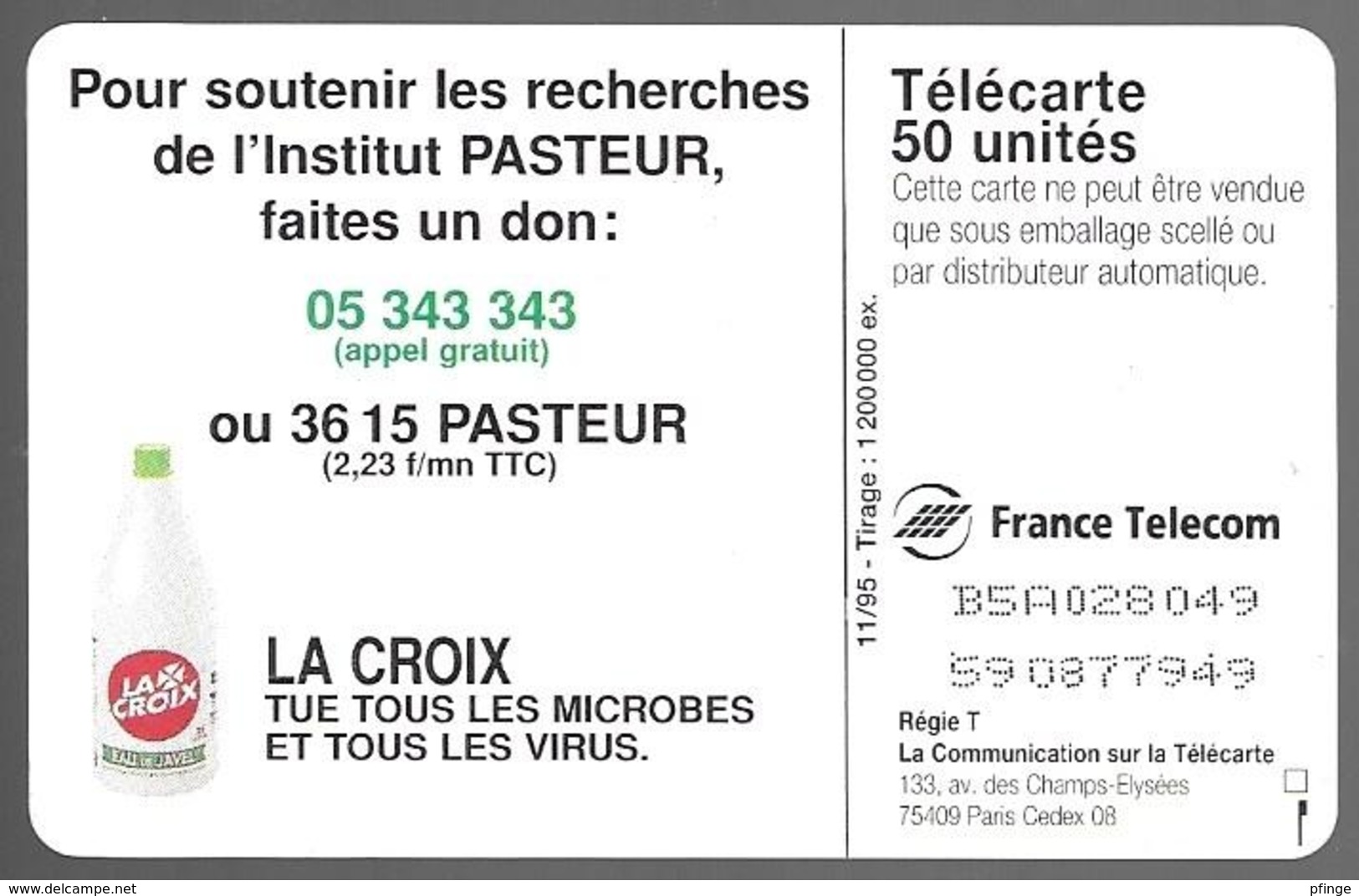 Telecarte 50 - La Croix - Institut Pasteur - Publicité