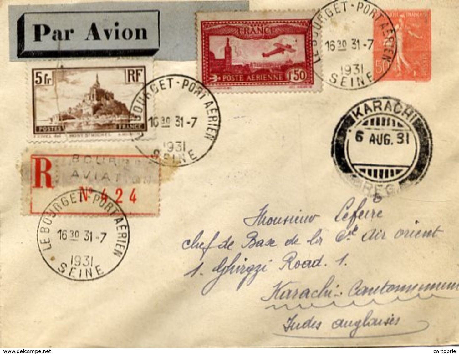 AVIATION - Enveloppe Recommandée Par Avion LE BOURGET Port Aérien Pour Karachi (Indes Anglaises) - 1931 - 2 Scans - Autres & Non Classés