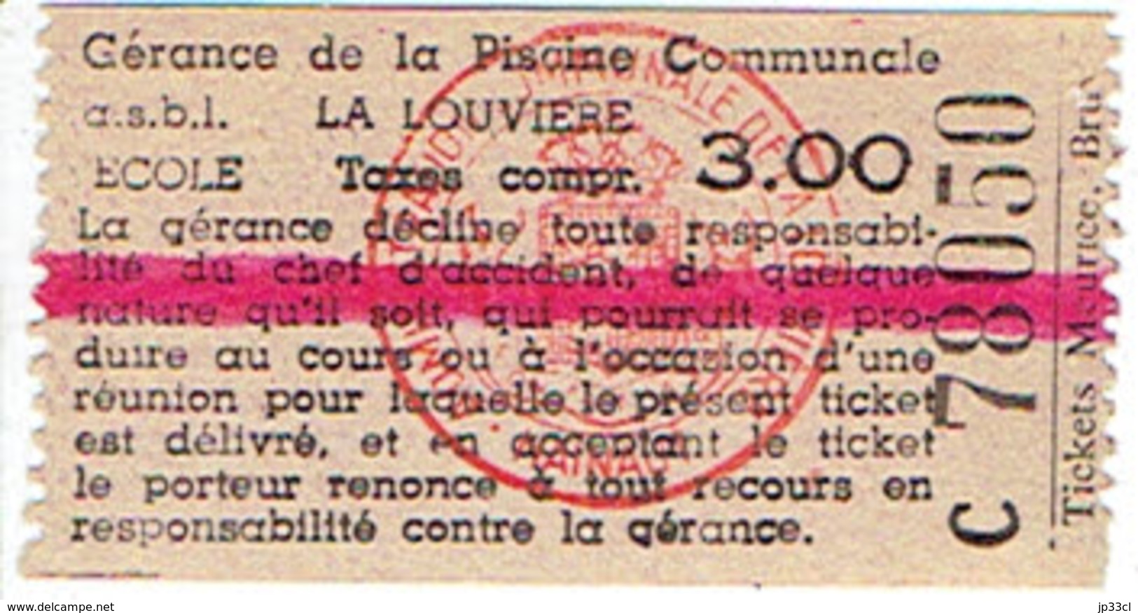 Ancien Ticket D'entrée à La Piscine Communale De La Louvière, Belgique (vers 1963) - Biglietti D'ingresso