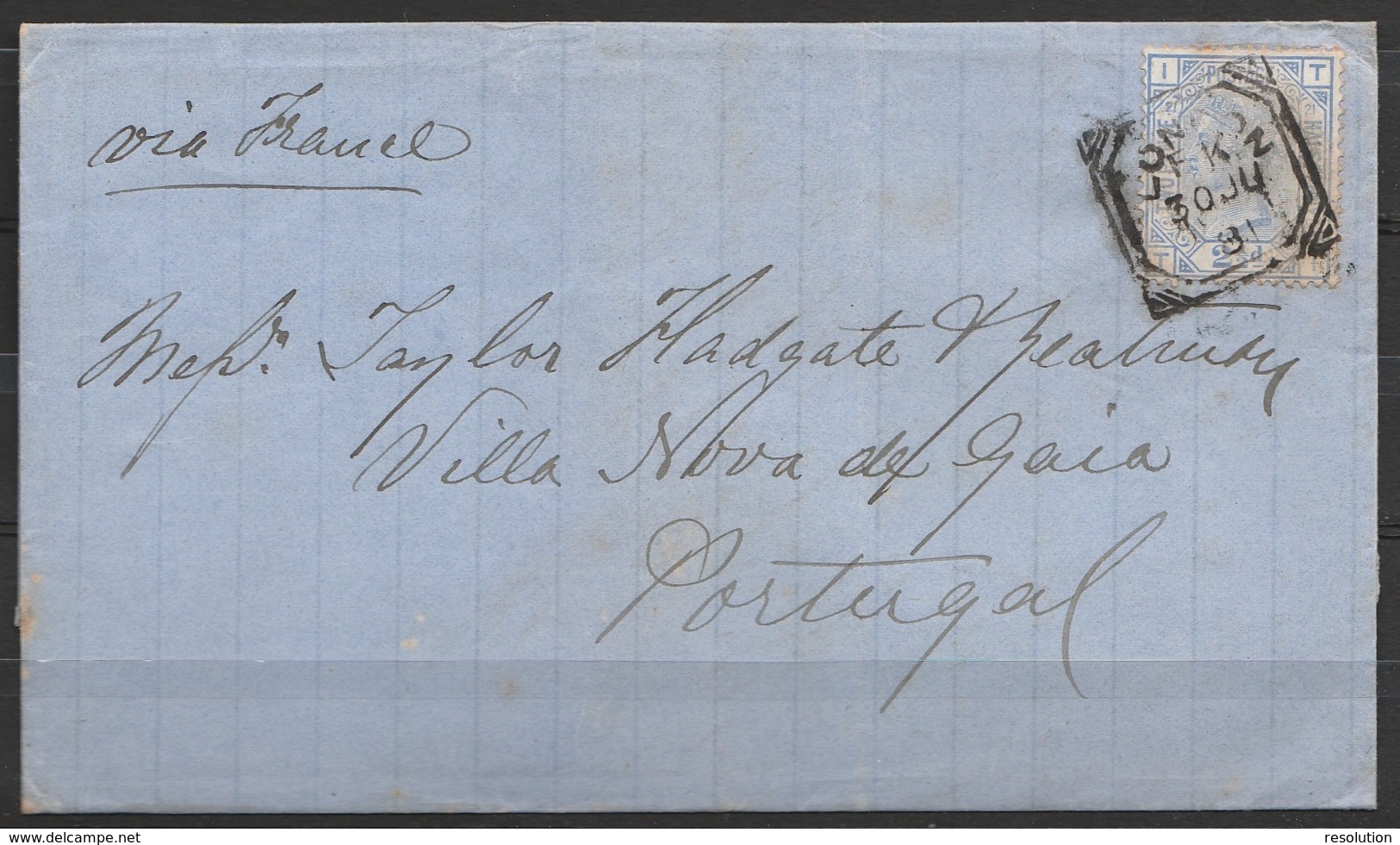 L. Affr. 2d 1/2 Càd Carré LONDON/30 JU 1881 Pour VILLA NOVA De GAJA (Portugal) Man. "via France" - Covers & Documents