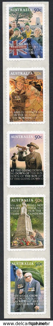 AUSTRALIA, 2008 LEST WE FORGET STRIP 5 S/ADH STAMPS MNH - Mint Stamps