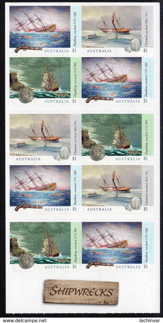 AUSTRALIA, 2017 SHIPWRECKS B/LET OF 10 S/ADH STAMPS MNH - Mint Stamps