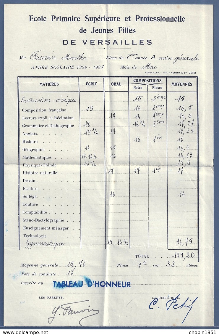 BULLETIN SCOLAIRE 1937 - Diplômes & Bulletins Scolaires