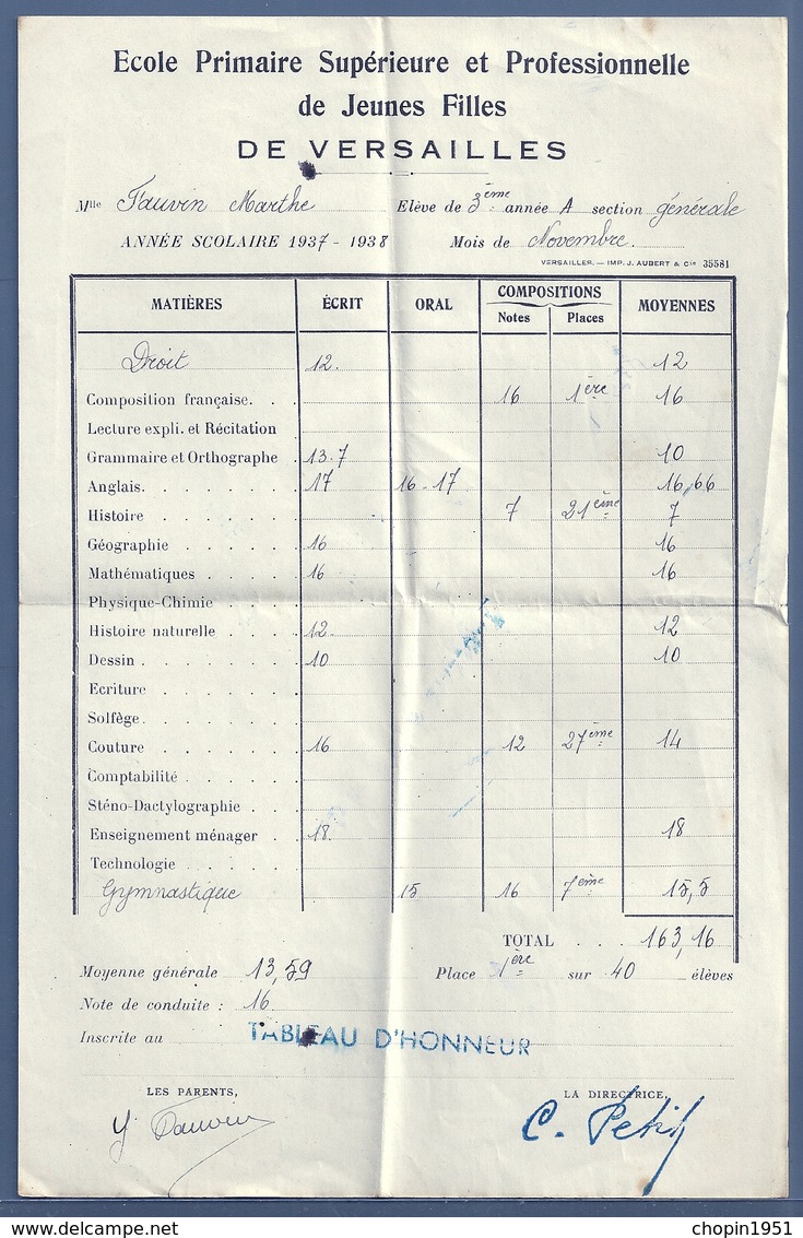 BULLETIN SCOLAIRE NOVEMBRE 1937 - Diplômes & Bulletins Scolaires