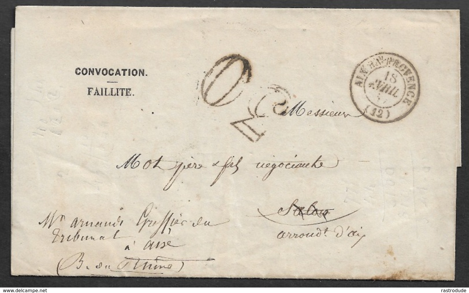 1857 - LAC - AIX EN PROVENCE - CONVOCATION FAILLITE TRIBUNAL DE COMMERCE- LETTRE REFUSÉ - 1849-1876: Periodo Classico