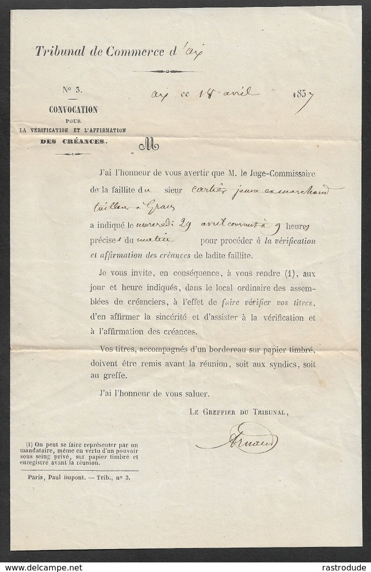 1857 - LAC - AIX EN PROVENCE - CONVOCATION FAILLITE TRIBUNAL DE COMMERCE- LETTRE REFUSÉ - 1849-1876: Période Classique