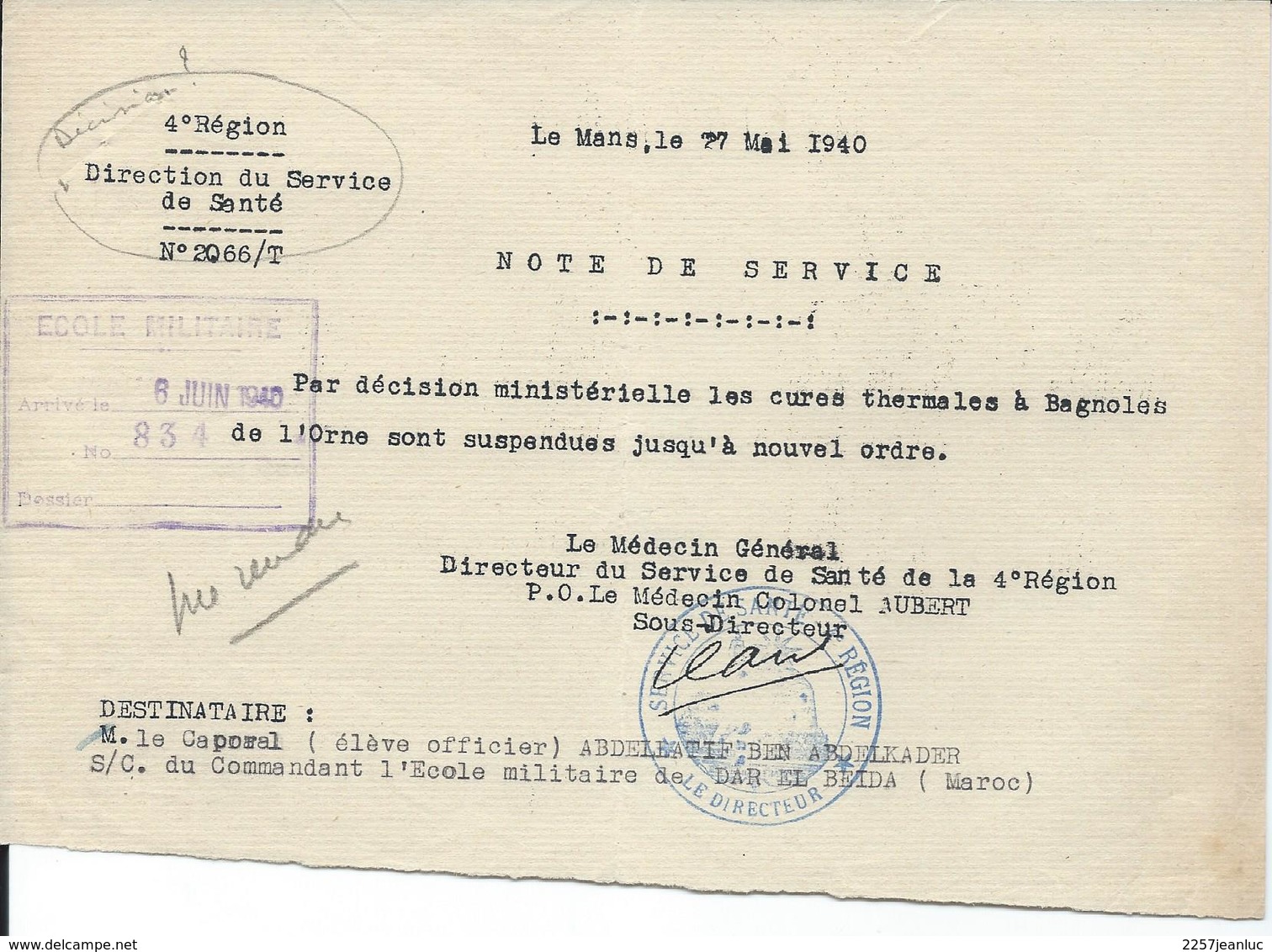 Note De Service  De La 4 °Region Service De Santé Le Mans  En 1940 -  Ecole Militaire  - Dar El Beida (Maroc ) - Documents