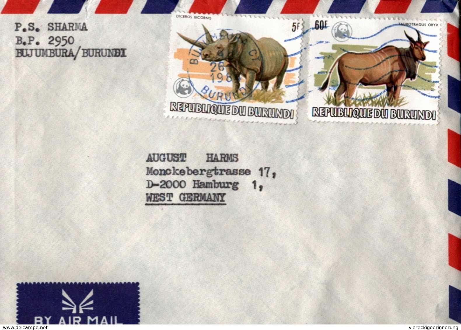 ! 1984 Burundi WWF Stamps, Airmail Cover, Bujumbura, Nashorn, Animals, Animaux, Afrika, Afrique, Africa, Wildlife Fund - Briefe U. Dokumente