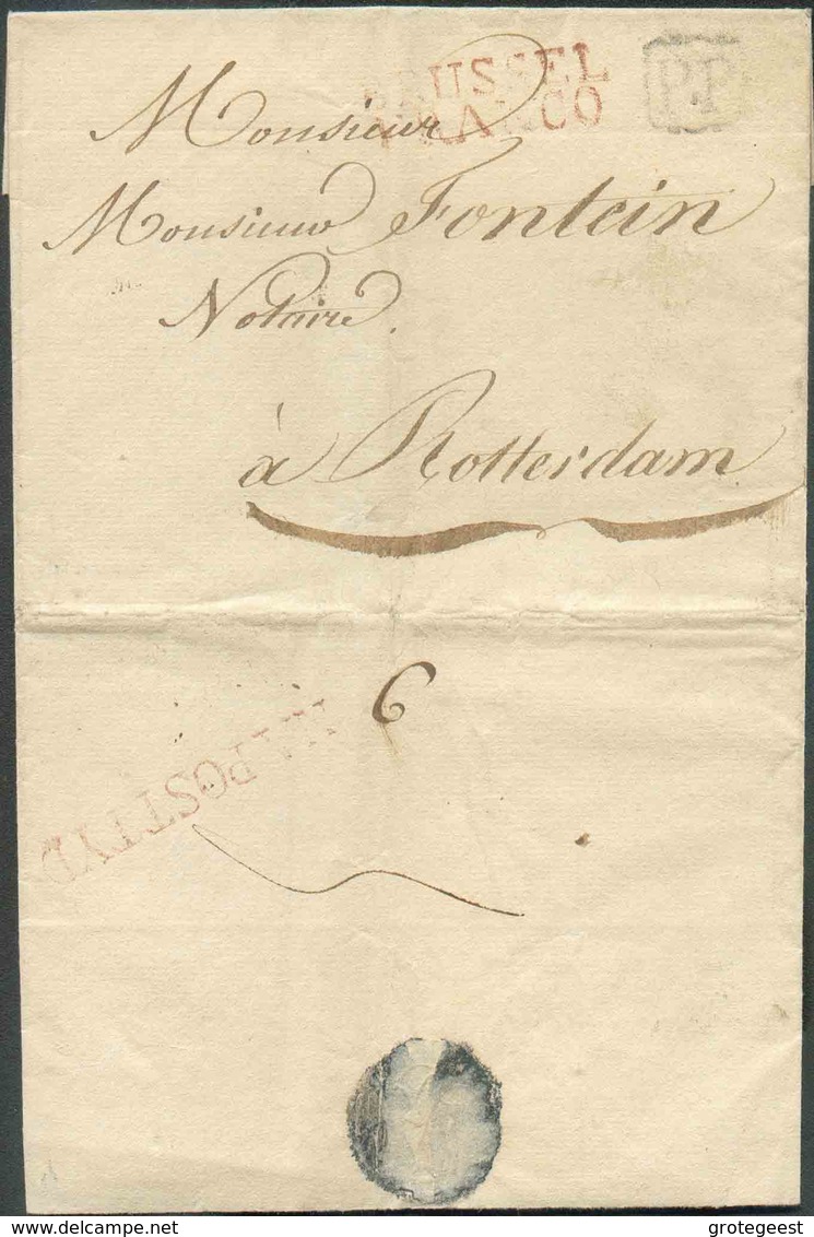 LSC De WAVRE Avec Griffe Rouge BRUSSEL/FRANCO Et Griffe Ornementée P.P. (ca. 1819) Vers Rotterdam. Verso : Griffe Rouge - 1815-1830 (Periodo Holandes)