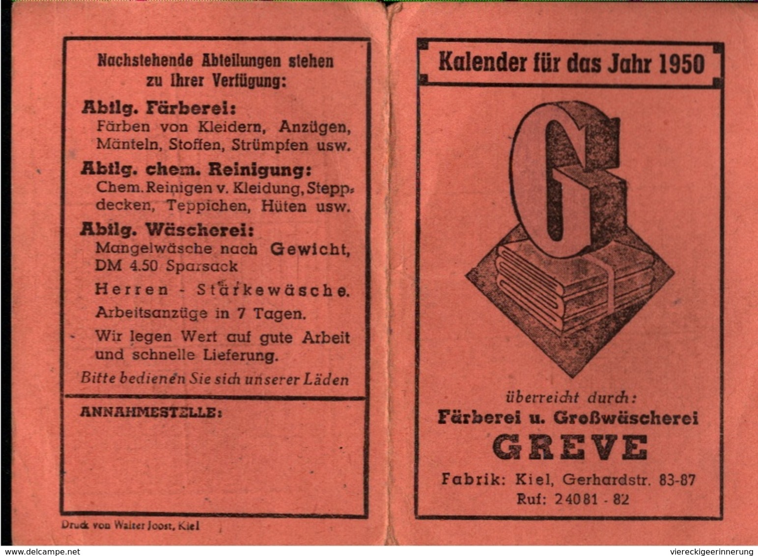 ! 1950 Taschenkalender Wäscherei Greve Kiel - Small : 1941-60