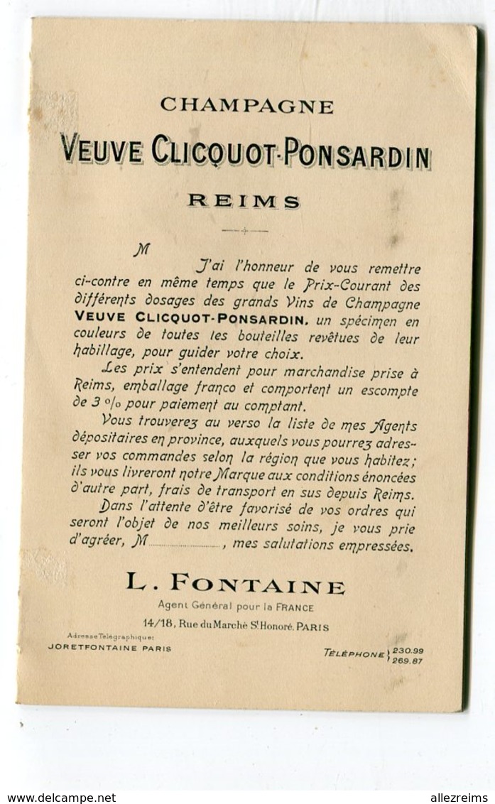 Feuille De Tarif : Vins De Champagne Reims Maison  Veuve Clicquot Ponsardin Tarif 1912 - Pubblicitari