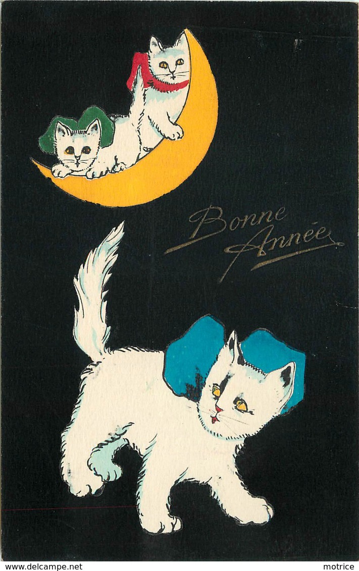 BONNE ANNÉE - Chats Caché Dans La Lune, Carte Illustrée. - Katten